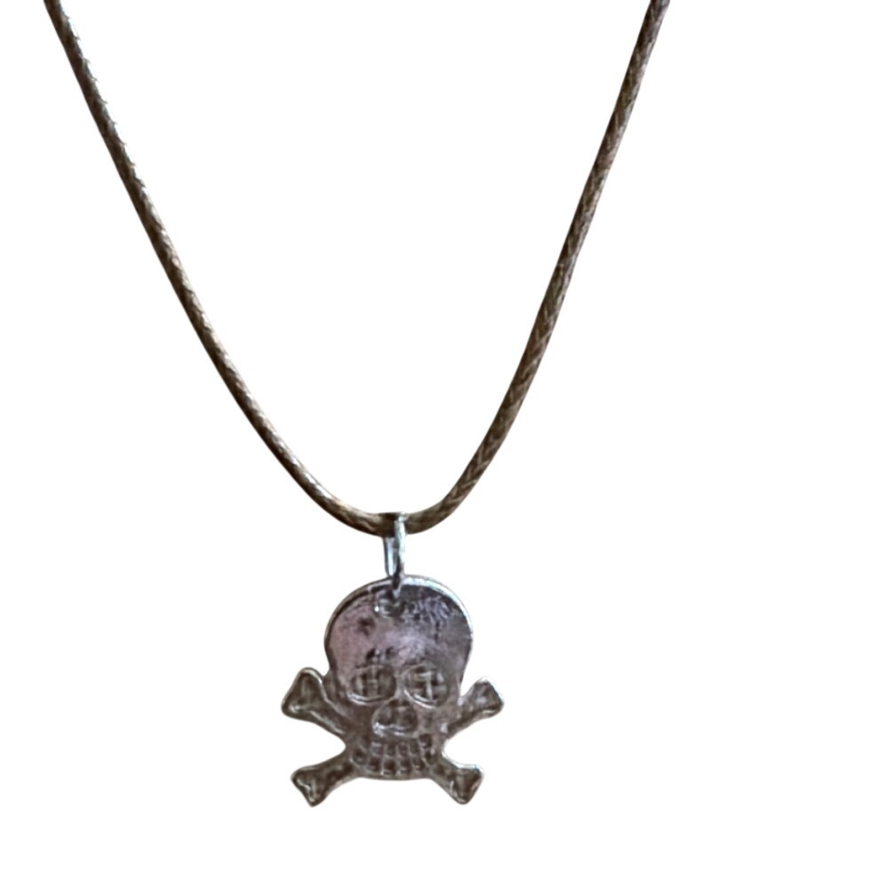 Skull and Crossbones Pendant Necklace Brown Waxed Cord Silver Tone Pirate Goth